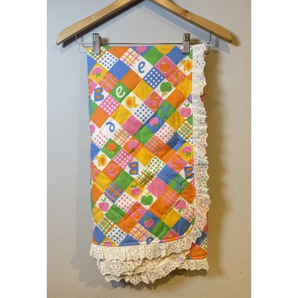Vintage Handmade Baby Quilt Blanket Lace Trim Nursery Alphabet Numbers